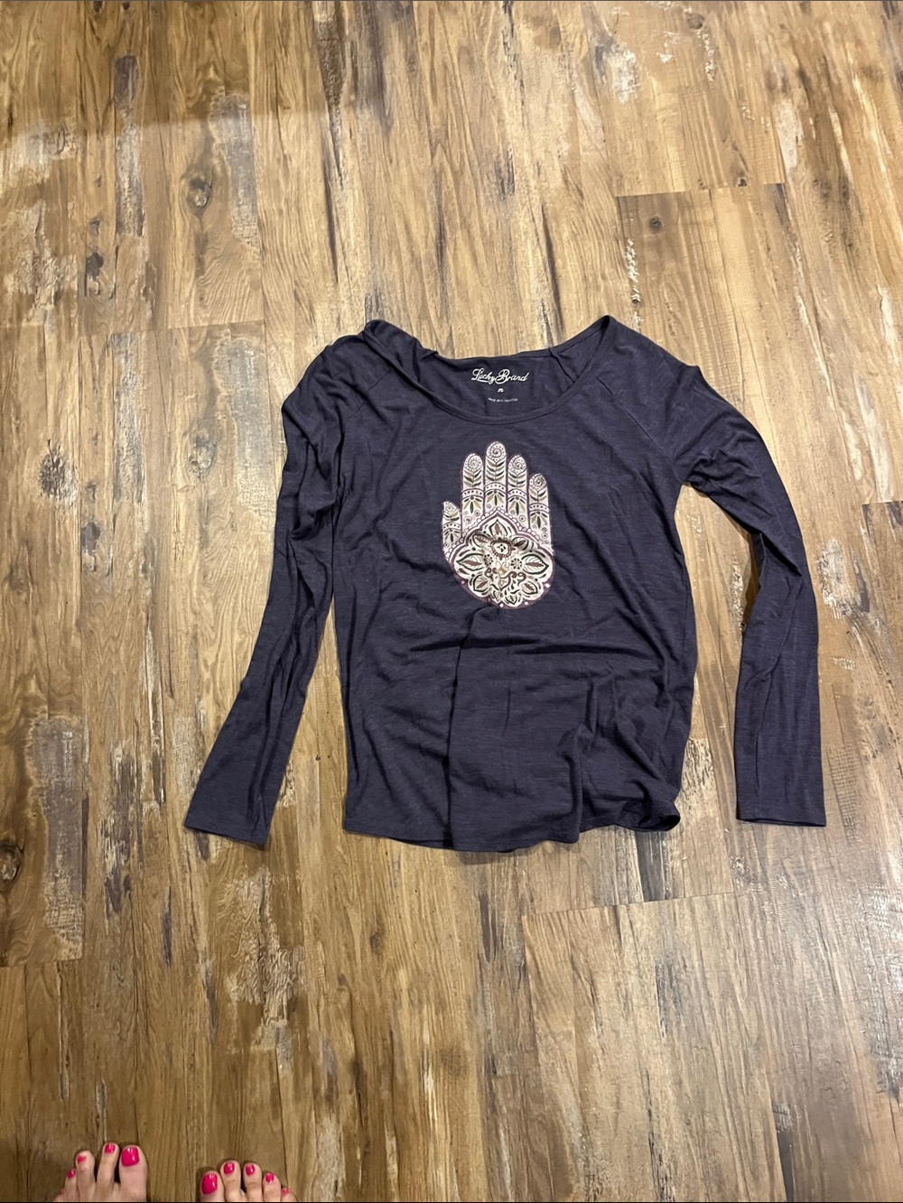 Lucky Brand Navy Long Sleeve Tee with Decorative Palm Graphic